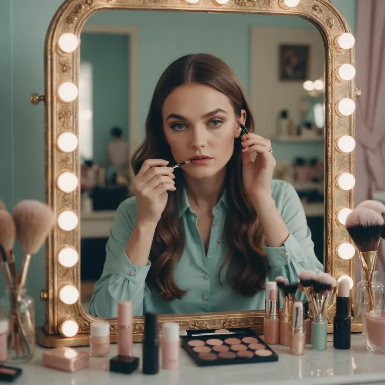 An image of a refined woman applying makeup in a ornate, gold-framed vintage mirror, surrounded by affordable drugstore cosmetics in soft, pastel hues, amidst timeless fashion accessories on a clean, minimalist vanity