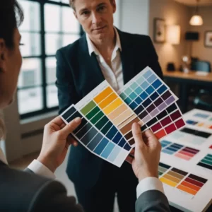 Image consultant providing a colour analysis session, holding up different fabric swatches against a client's skin to determine their most flattering colors. The consultant is wearing professional attire.