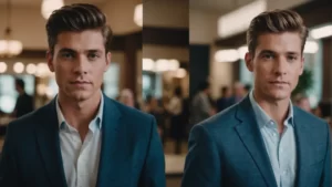 Image of a before-and-after transformation, showcasing a person with outdated clothes and messy hair transforming into a stylish, confident individual with a polished look. Display the impact of image consulting.