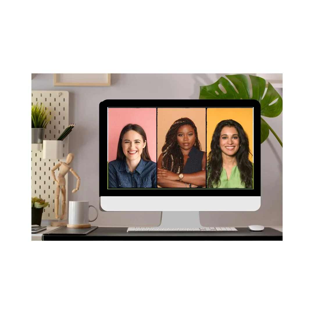 PC screen with three faces displaying online meetings