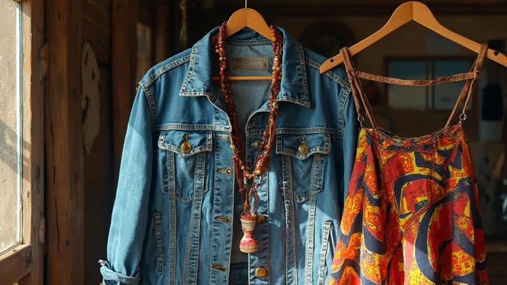 Vintage denim jacket and colorful patterned dress hanging on wooden hangers in rustic setting.
