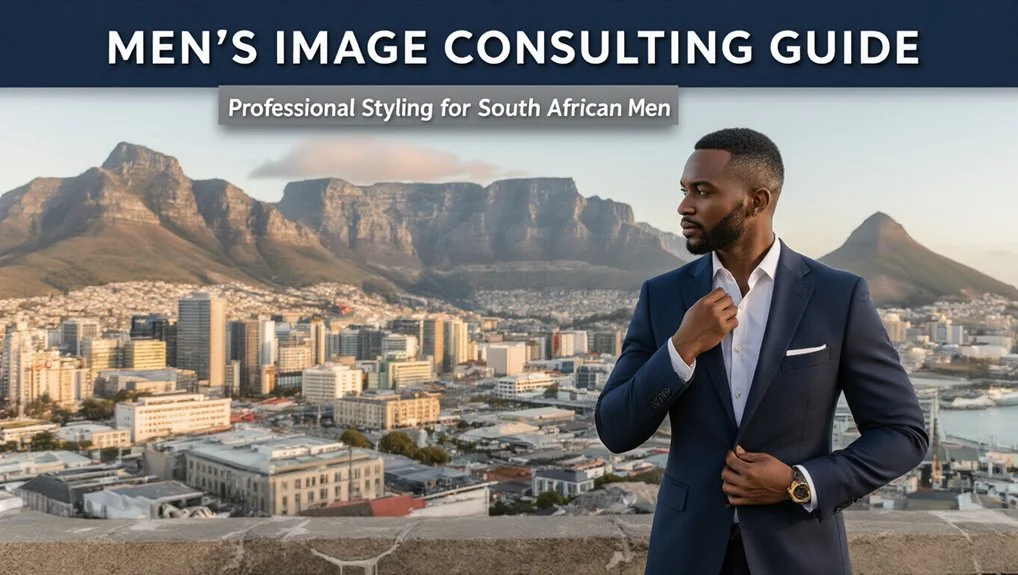 A well-dressed South African man in a suit posing in front of the cityscape of Cape Town with Table Mountain in the background.