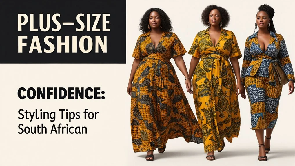 Three plus-size women in vibrant, patterned maxi dresses and jumpsuits from a South African fashion brand.