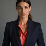 A woman in a navy blue suit and red blouse stands against a gray background, with a serious expression on her face.