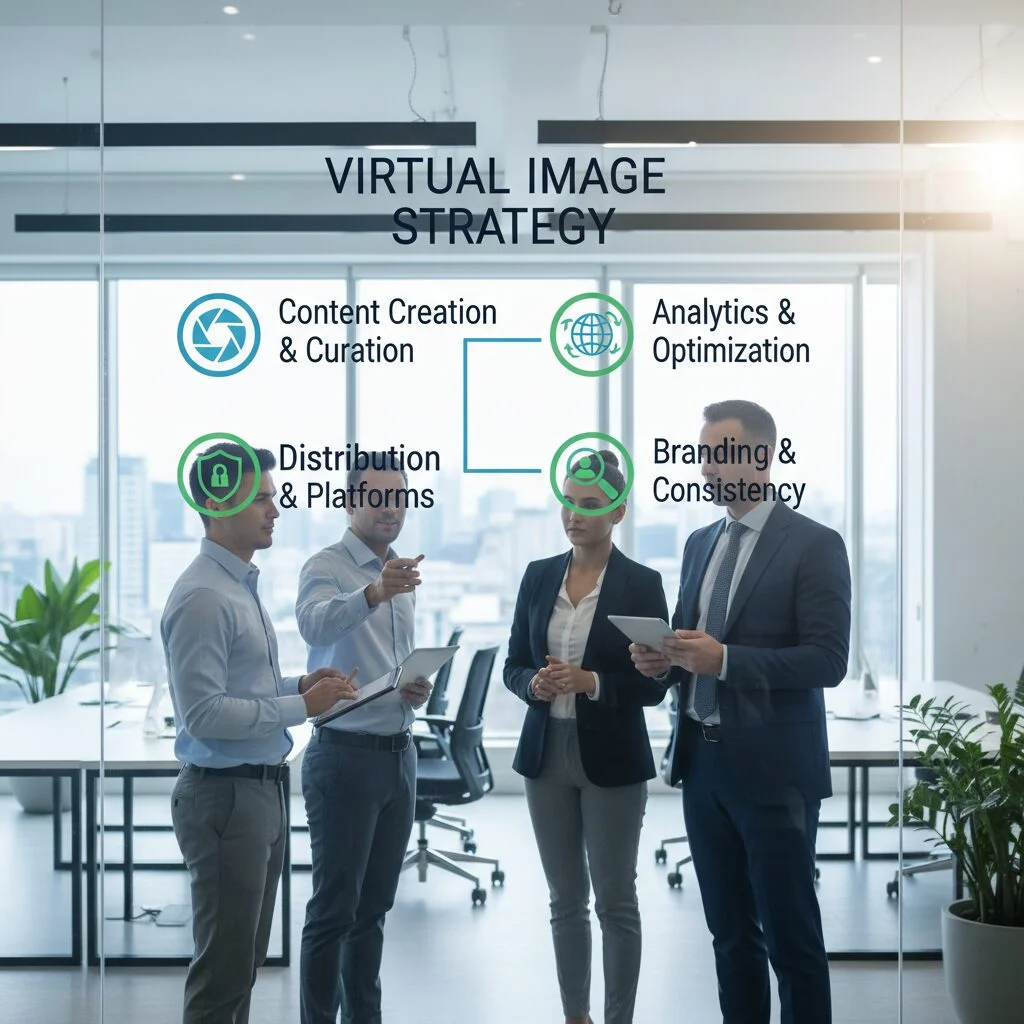 Four business professionals discussing virtual image strategy in a modern office setting.