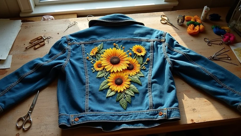 Denim jacket with colorful embroidered sunflowers on the back.