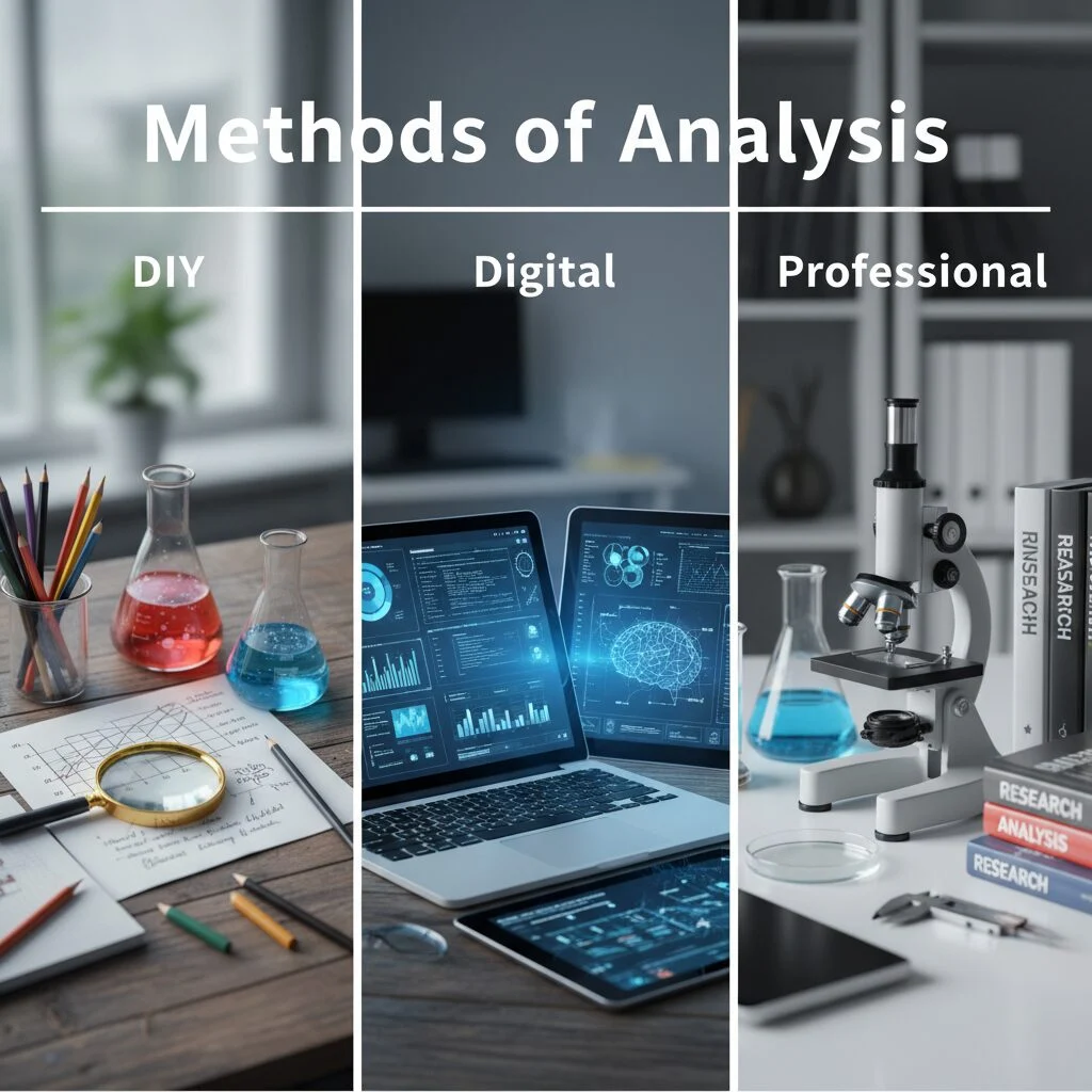 Three different methods of analysis - DIY, Digital, and Professional - shown with images of corresponding tools and equipment.
