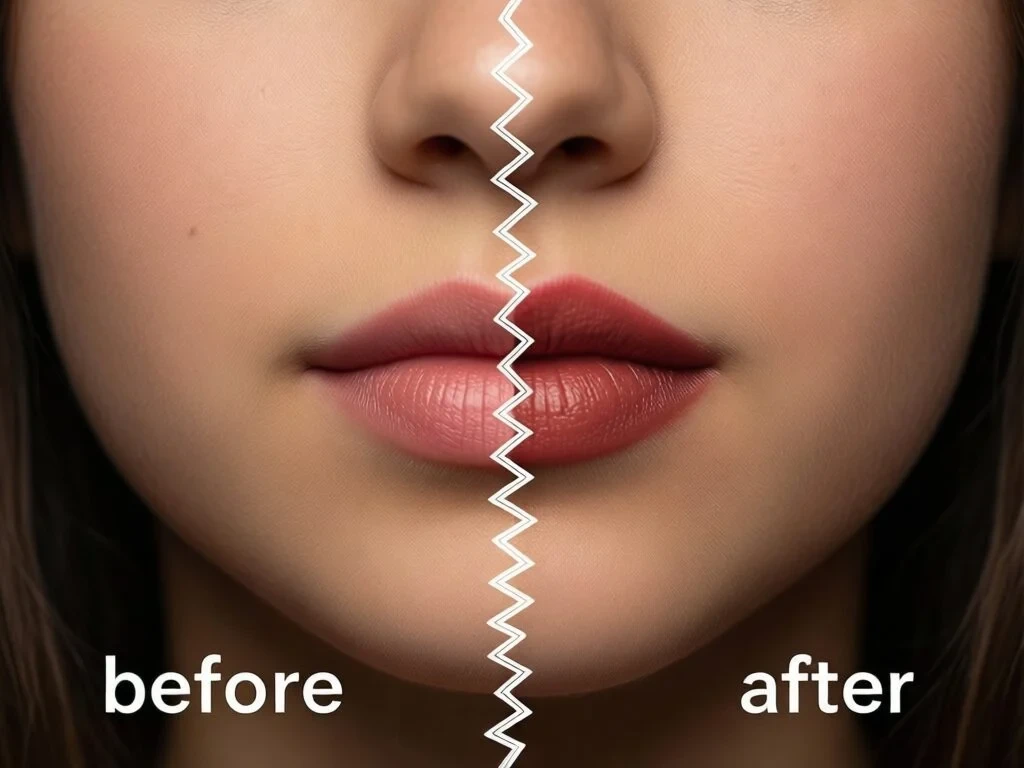 Image shows a close-up of a female face before and after a cosmetic procedure, with a lightning bolt-shaped line between the two images.
