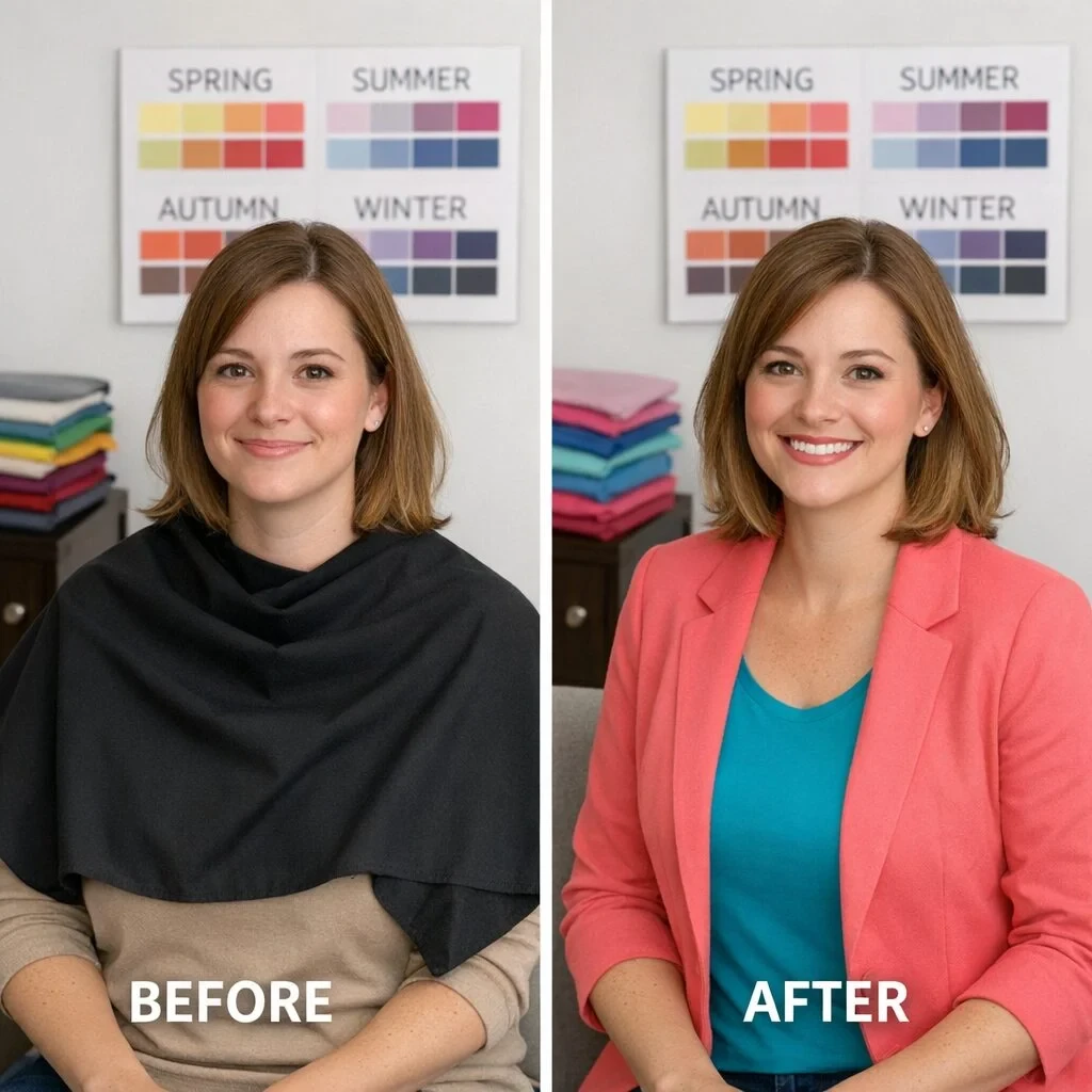 Woman transforming her wardrobe from a black shawl to a vibrant coral jacket, demonstrating seasonal color palette guidance.