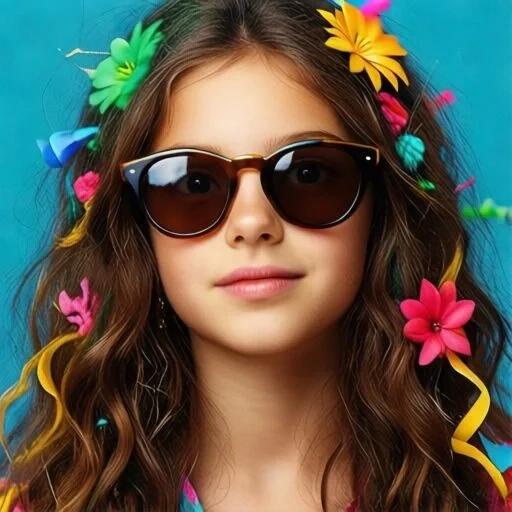 Smiling girl with sunglasses and colorful flowers in her hair against a blue background.